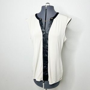 Calvin Klein Faux Black Leather V Neck Beige Blouse Med
